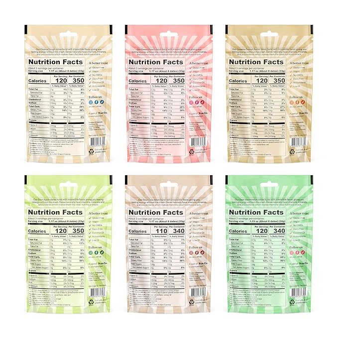 Candy Dates, Variety, 6-3.5 Ounce Bags (Creamy Peanut Butter, Cookie Dough, Sour Apple, Sour Cola, Sour Watermelon, Sweet Peach) - Dates With Candy Flavor, Vegan, No Added Sugar, Gluten Free