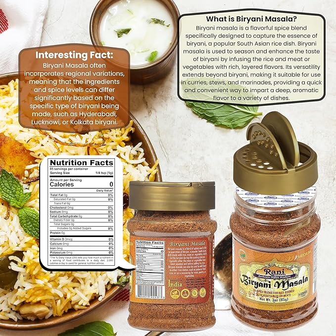 Rani Biryani Masala Curry (7-Spice Blend for Indian Rice Dishes, Pullao/Pilau) 3oz (85g) PET Jar ~ All Natural | Vegan | No Colors | Gluten Friendly | NON-GMO | Kosher | Indian Origin