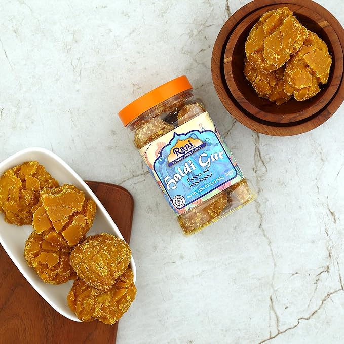 Rani Haldi Gur (Turmeric with Indian Jaggery) Indian Unrefined Raw Cane Sugar 17.5oz (1.1lbs) 500g PET Jar ~ Gluten Friendly | Vegan | NON-GMO | Kosher | No Salt or fillers | Indian Product