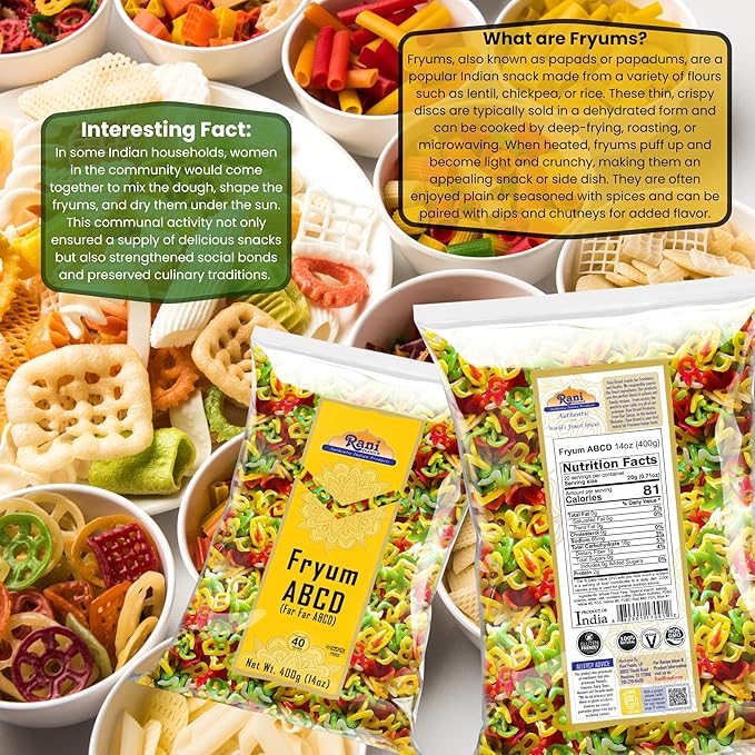 Rani Far Far / Fryums (Wheat & Tapioca Pellet) ABCD Shape 14oz (400g) ~ Vegan, Kosher, Uncooked, Used to Make Papad, Bhungra / Chip Snack