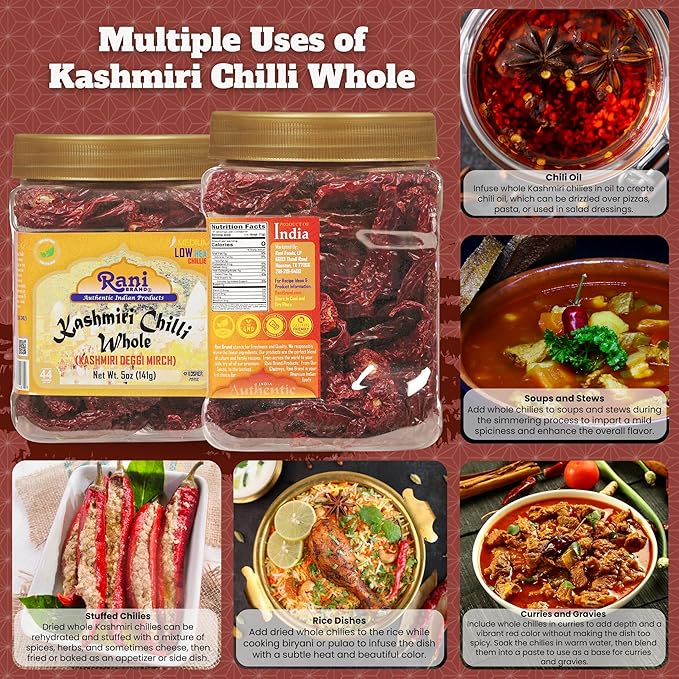 Rani Kashmiri Chilli Whole (Deggi Mirch, Low Heat) 5oz (141g) PET Jar ~ Natural | Salt-Free | Vegan | No Colors | Gluten Friendly | NON-GMO | Kosher | Indian Origin