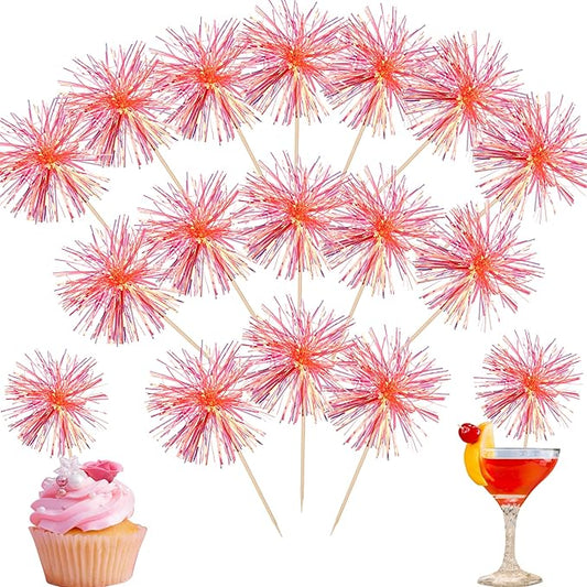 Rsstarxi 30 Pack Firework Cupcake Toppers Sparkle Tinsel Drink Birthday Decorations Cocktail Food Fruit Toothpick for Valentine's Day Wedding Birthday Party Cake Decorations Orange