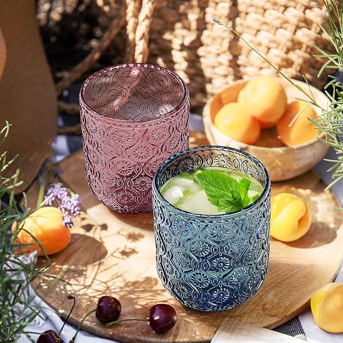 Joeyan Small Blue Drinking Glasses,Vintage Embossed Floral Water Glass Tumbler Cups,Colored Beverages Cocktail Juice Wine Glassware,9 oz,Set of 4,Dishwasher Safe