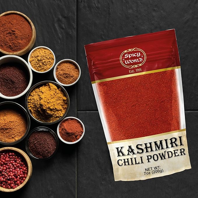 Spicy World Kashmiri Chili Powder Red 7 Ounce Resealable bag | All Natural Low Heat, Chili Powder - Red Pepper Powder