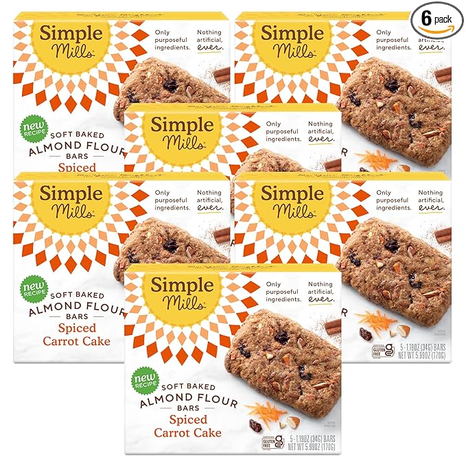 Simple Mills Almond Flour Snack Bars, Spiced Carrot Cake - Gluten Free, Made with Organic Coconut Oil, Breakfast Bars, Healthy Snacks, Paleo Friendly, 6 Ounce (Pack of 6)