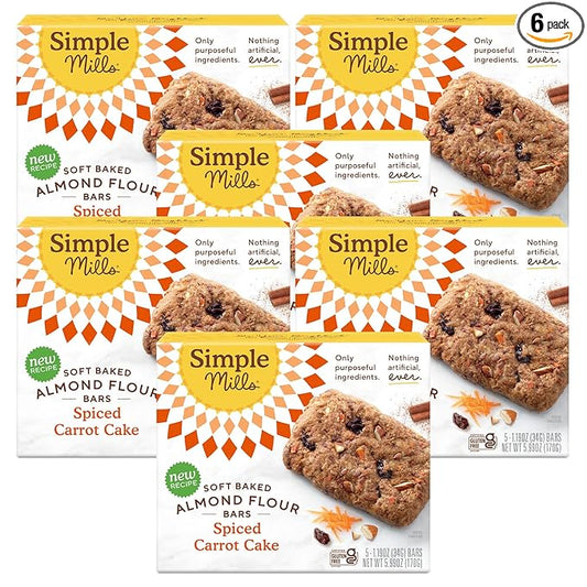 Simple Mills Almond Flour Snack Bars, Spiced Carrot Cake - Gluten Free, Made with Organic Coconut Oil, Breakfast Bars, Healthy Snacks, Paleo Friendly, 6 Ounce (Pack of 6)