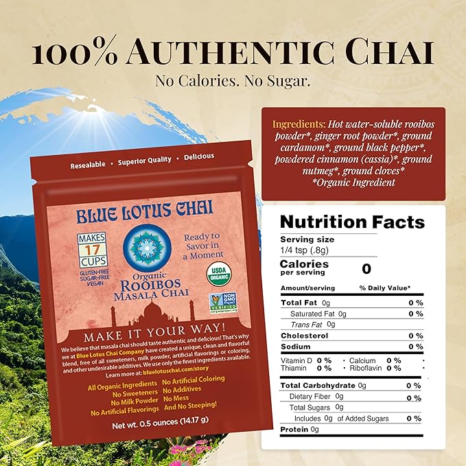 Blue Lotus Chai - Rooibos Masala Chai - Makes 17 Cups - 0.5 oz Pouch Masala Spiced Chai Powder with Organic Spices - Instant Indian Tea No Steeping - No Gluten