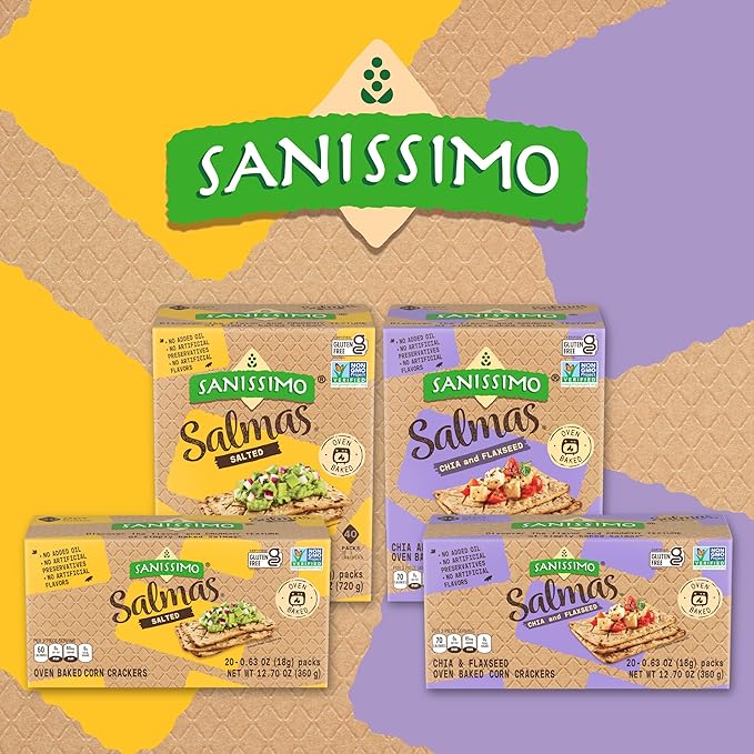Sanissimo Salmas Salted, 20 packs of 3 Crackers, Oven Baked Corn Crackers, Gluten Free, Non GMO, Kosher Certified