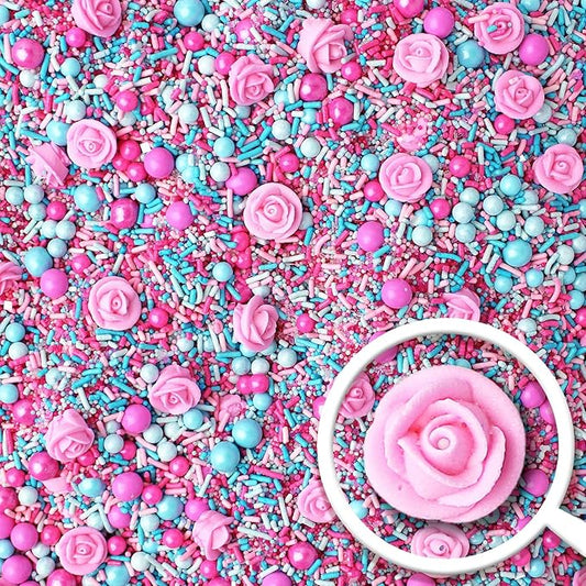 Sprinkle Pop Briar Rose Princess Sprinkle Mix| Pink and Blue Sprinkles with ~6 Hand Piped Royal Icing Roses| Birthday Sprinkles Made in USA for Decorating Cake Cupcakes Donuts Cookies Ice Cream, 2oz