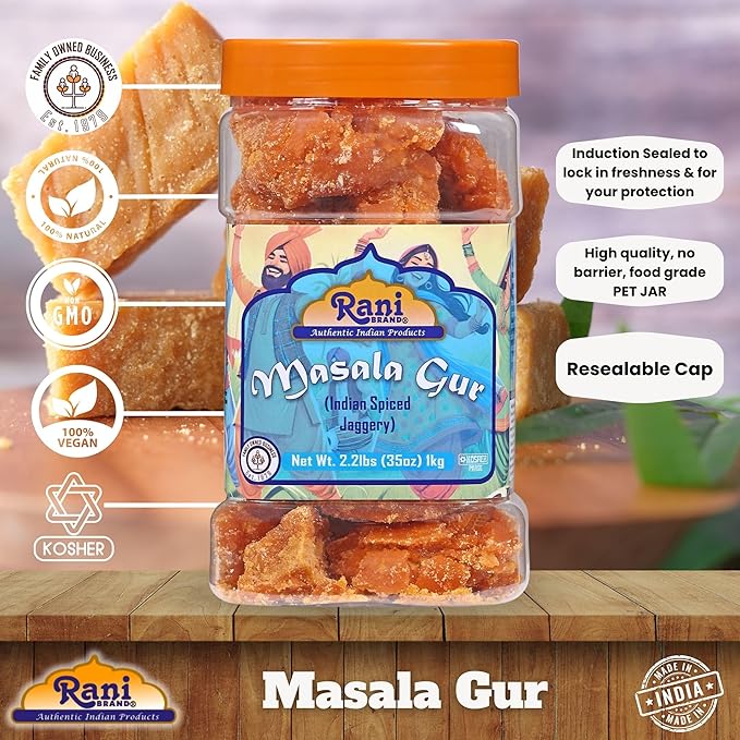 Rani Masala Gur (Jaggery) Indian Unrefined Raw Cane Sugar 35oz (2.2lbs) 1kg PET Jar ~ Gluten Friendly | Vegan | NON-GMO | Kosher | No Salt or fillers | Indian Product