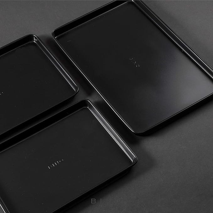 BINO Bakeware Nonstick Cookie Sheet Baking Tray Set, 3-Piece - Black | Non Stick Baking Pans Set | Carbon Steel Tray Bakeware Sets | Oven Safe | Cookie Sheet Pans | Food-Safe