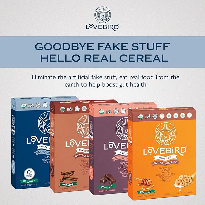 Lovebird Organic Gluten Free Cereal, Sampler Pack ??Prebiotic Fiber, Gut Health, Low Sugar, Grain Free, Breakfast or Snack ??Healthy Cereal Made With Real Food, 5 Pack, Kids & Adults