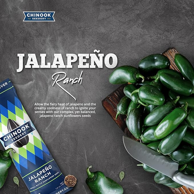 Chinook Seedery Roasted Sunflower Seeds to Eat - 1.5 oz (Pack of 36) Jalapeno Ranch - Jumbo Low Sodium Sunflower Seeds Keto Snacks - Adventure, Baseball, School Snacks - Gluten Free, Non GMO Snacks