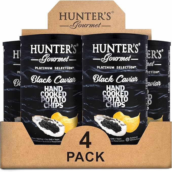 Hunter's Gourmet Cholesterol-Free Chips | No Artificial Colors & Preservatives | Premium Black Caviar | Hand-Cooked | MSG-Free | Special Treats | Gourmet Vegan Chips | Non-GMO | Pack of 4 | 150g