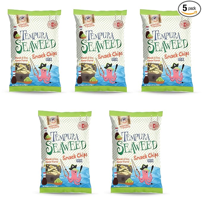 Japanese Tempura Seaweed Chips, Noriten ??Wasabi & Soy Sauce Flavor | 0.95oz x 5 Pack | Made in Japan by Swashbuckle Snacks