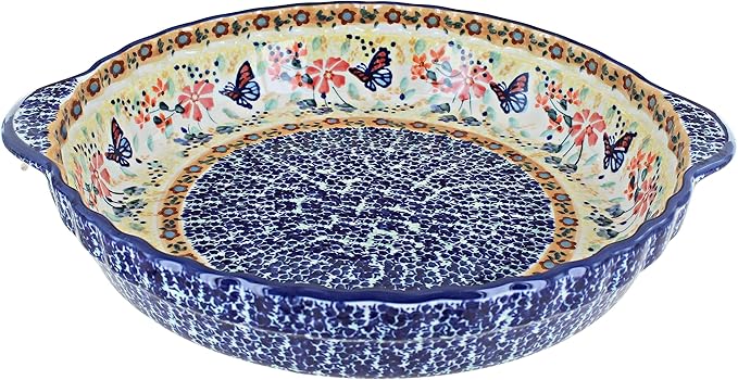 Blue Rose Polish Pottery Blue Butterfly Pie Plate with Handles