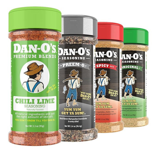 Dan-O's Taste of Summer??Small Seasoning 4 pack - Spicy (3.5 oz), Original (3.5 oz), Preem-O (3.4 oz), Chili Lime (3.3 oz)