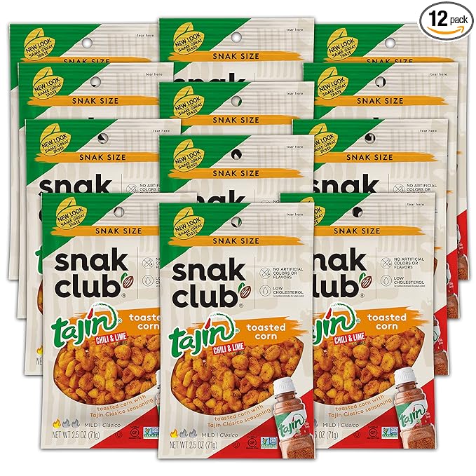 Snak Club Toasted Corn, Tajin Cl찼sico Chili & Lime Flavor, Crunchy, Flavorful Low-Cholesterol Individual Snacks, 2.5oz (Pack of 12)