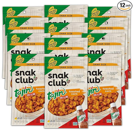 Snak Club Toasted Corn, Tajin Cl찼sico Chili & Lime Flavor, Crunchy, Flavorful Low-Cholesterol Individual Snacks, 2.5oz (Pack of 12)