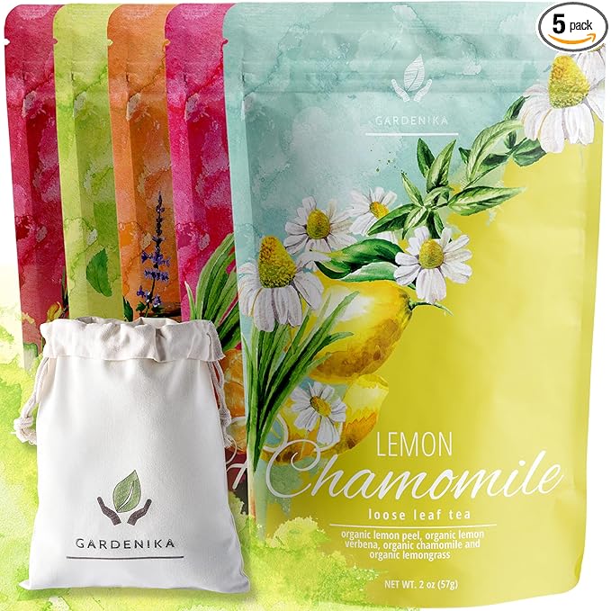 Gardenika Loose Leaf Tea Set, Herbal Caffeine-Free Set - Rooibos, Spearmint, Chamomile, Hibiscus, Tulsi, Turmeric, Ginger Teas – 5 Pack Assortment (10 oz)