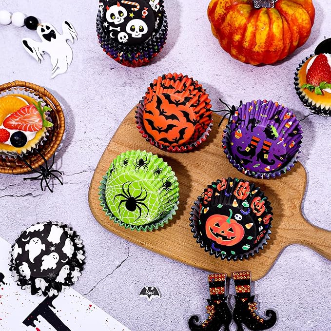 Whaline 600Pcs Halloween Cupcake Liners Pumpkin Witch Legs Bats Ghosts Spider Skulls Cupcake Wrappers Baking Cups Holders Muffin Baking Liners for Halloween Party Supply