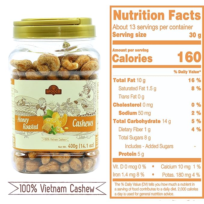 LAFOOCO Honey Roasted Cashews, Sweet Tasty Gourmet, Vietnam Cashew, Rich in Nutrients, Gift for Family, Friend on Celebration, Holiday, Birthday (14.1 oz)