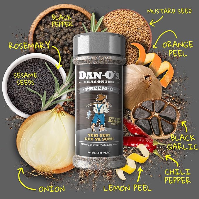Dan-O's Preem-O Seasoning, 2.5 oz Bottle, Meat Seasoning for Steak, Ribs, Chicken, Brisket and More, Sugar Free, Zero Calorie, Use this Spice Blend to Craft a Marinade, Dry Rub or Sauce