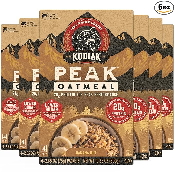 Kodiak Cakes Peak Instant Oatmeal Packets, Banana Nut, High Protein,100% Whole Grains, 6 box with 4 packets each (Total of 24 packets)