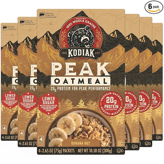Kodiak Cakes Peak Instant Oatmeal Packets, Banana Nut, High Protein,100% Whole Grains, 6 box with 4 packets each (Total of 24 packets)