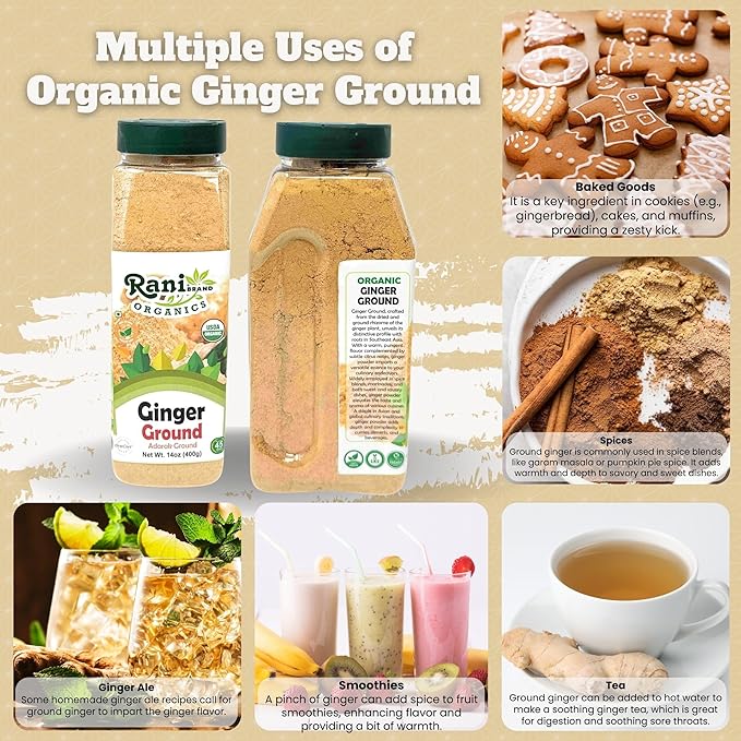 Rani Organic Ginger (Adarak) Powder Ground, Spice 14oz (400g) PET Jar ~ All Natural | Vegan | Gluten Friendly | NON-GMO | Indian Origin | USDA Certified Organic