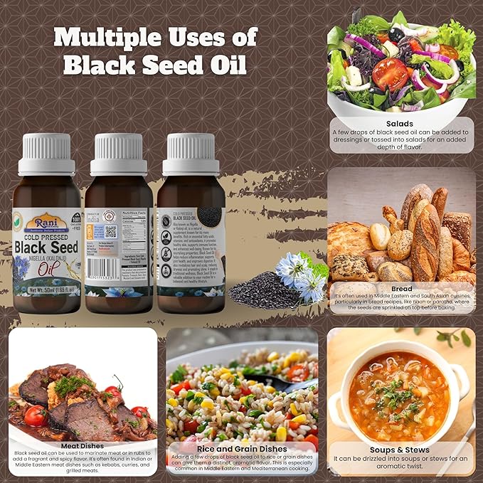 Rani Pure Black Seed (Nigella, Kalonji) Oil 1.69 Fl oz (50ml) Cold Pressed ~ 100% Cholesterol Free | All Natural | Gluten Free | NON-GMO | Kosher | Vegan | Indian Origin