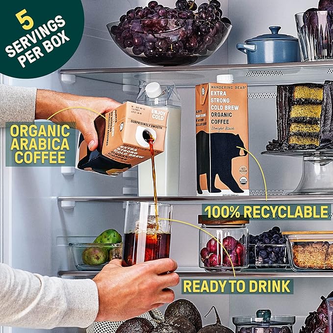 Wandering Bear Straight Black Organic Cold Brew Coffee, 32 fl oz, 6 pack - Extra Strong, Bold, Smooth, Unsweetened, Shelf-Stable, Ready to Drink, 100% Organic, Iced Cold Brewed Coffee Drinks