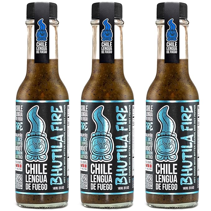 Chile Lengua de Fuego Bhutila Fire Hot Sauce – 3 Bottles – Ghost Pepper, Carolina Reaper & Bitter Orange – Small Batch Artisan Honduran Sauce – Extreme Heat, Smoky Citrus Flavor
