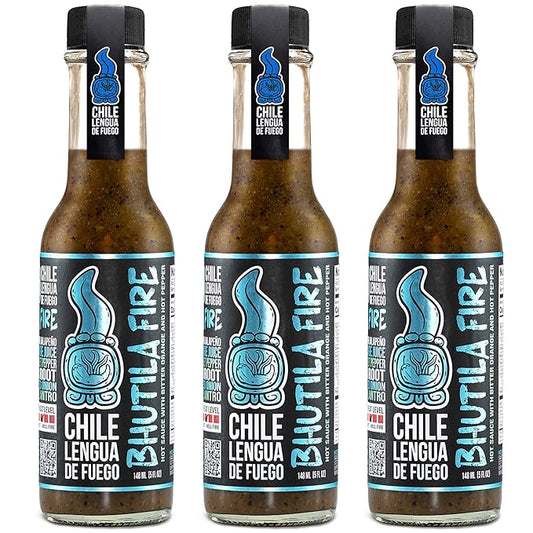 Chile Lengua de Fuego Bhutila Fire Hot Sauce – 3 Bottles – Ghost Pepper, Carolina Reaper & Bitter