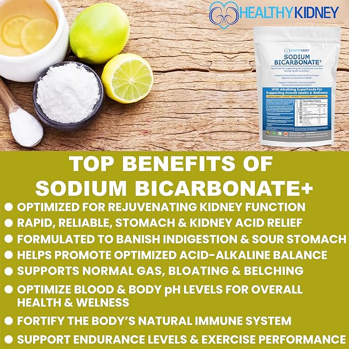 Organic Use Sodium Bicarbonate Alkaline Supplement for Alkalinity. Support Kidneys & Stomach Acid Neutralizer w/Alkaline Superfoods. Sodium Bicarbonate Powder Kidney Immune Support Antacid Sports 1LB