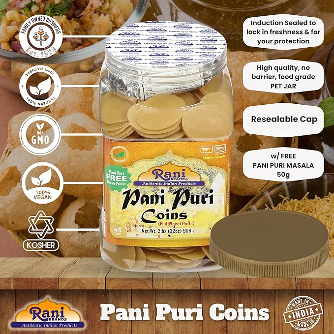 Rani Pani Puri Coins (Uncooked, Microwaveable Wheat Semolina Coins) 32oz (2lbs) 908g w/Pani Puri Masala (14-Spice Blend for Indian Spicy Water) 1.75oz (50g) ~ All Natural | Vegan | NON-GMO | Kosher