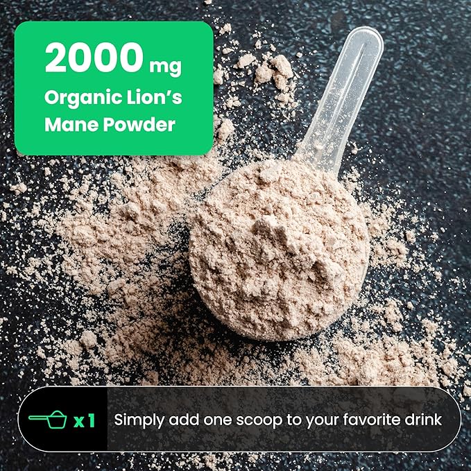 NutraChamps Organic Lions Mane Powder - 2000mg Powerful Nootropic for Memory, Focus, Immune Support - Vegan Lion?™s Mane Mushroom Powder Supplement with Naturally Occurring Beta-Glucans - 8oz