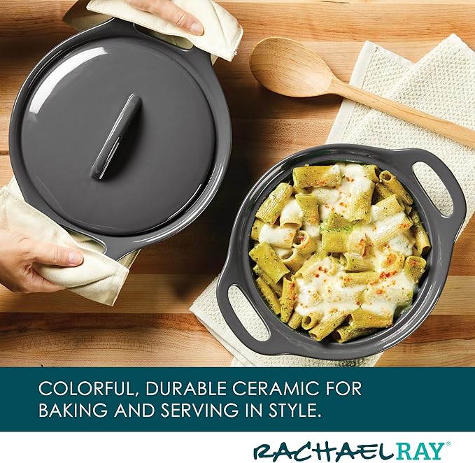 Rachael Ray Solid Glazed Ceramics Casserole Bakeware/Baker Set with Shared Lid, 3 Piece, Dark Gray