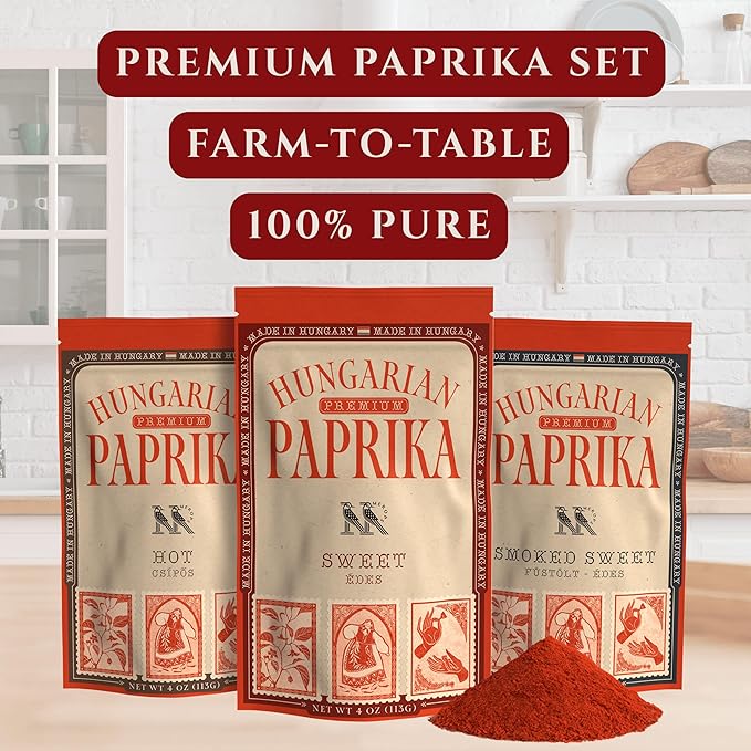 Premium Hungarian Paprika Spice Collection GIFT SET ??Sweet, Smoked & Hot (3 x 4 oz) - Five Traditional Hungarian Recipe Cards ??Non-GMO ??Authentic Seasoning Spice in Resealable Bags by MEROPS