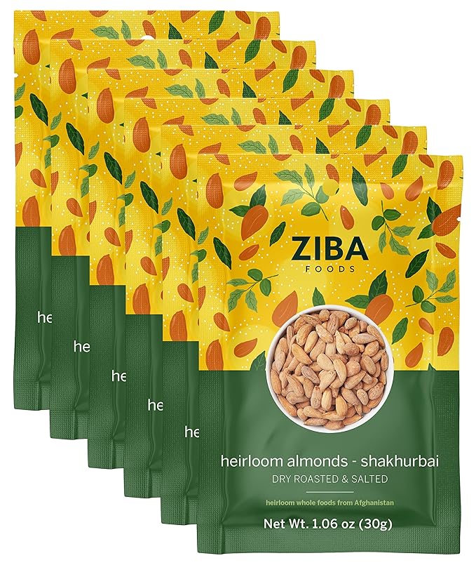 Ziba Foods Heirloom Shakhurbai Almonds | Salted & Dry Roasted Almonds | Non-GMO, Vegan, Gluten Free Whole Almond Nuts | Heirloom, Warm & Nutty | Healthy, Delicious Almond Snacks, Pack of 6