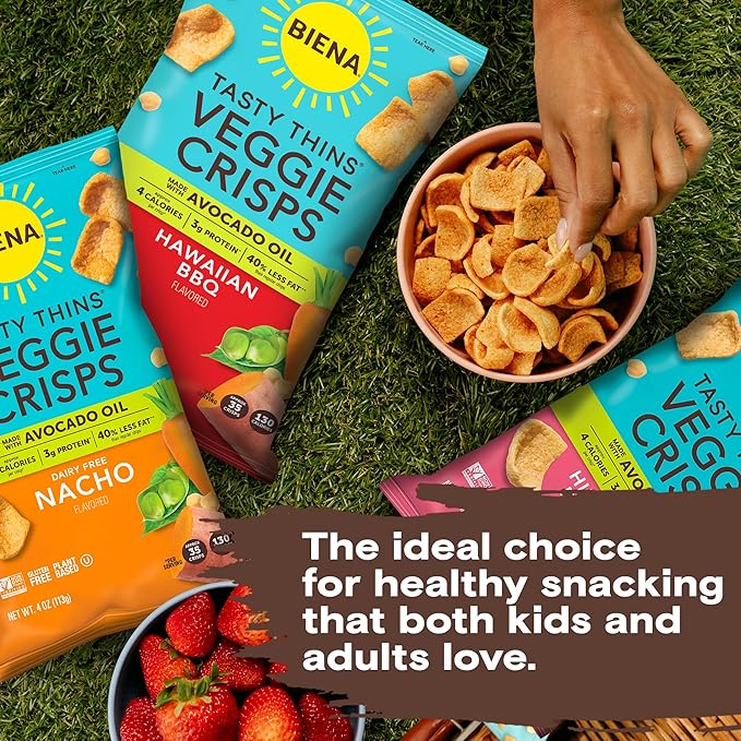 BIENA Tasty Thins Veggie Crisps - Low-Calorie Veggie Chips for Adults and Kids - Variety Pack (6x4-oz Bags) - Hawaiian BBQ, Himalayan Pink Salt, & Nacho