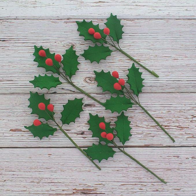 Global Sugar Art Christmas Cake Holly, 3-Leaf Sugar Cake Flower Spray, 5 Count by Chef Alan Tetreault