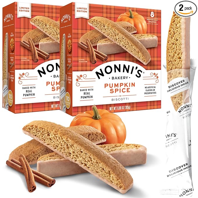 Nonni's Pumpkin Spice Biscotti Holiday Cookies - 2 Boxes Pumpkin Cookies - Pumpkin Biscotti w/Cinnamon Icing - Biscotti Individually Wrapped Pumpkin Spice Cookies - Kosher Coffee Cookies 6.88 oz