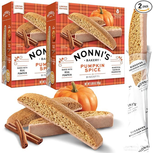 Nonni's Pumpkin Spice Biscotti Holiday Cookies - 2 Boxes Pumpkin Cookies - Pumpkin Biscotti w/Cinnamon Icing - Biscotti Individually Wrapped Pumpkin Spice Cookies - Kosher Coffee Cookies 6.88 oz