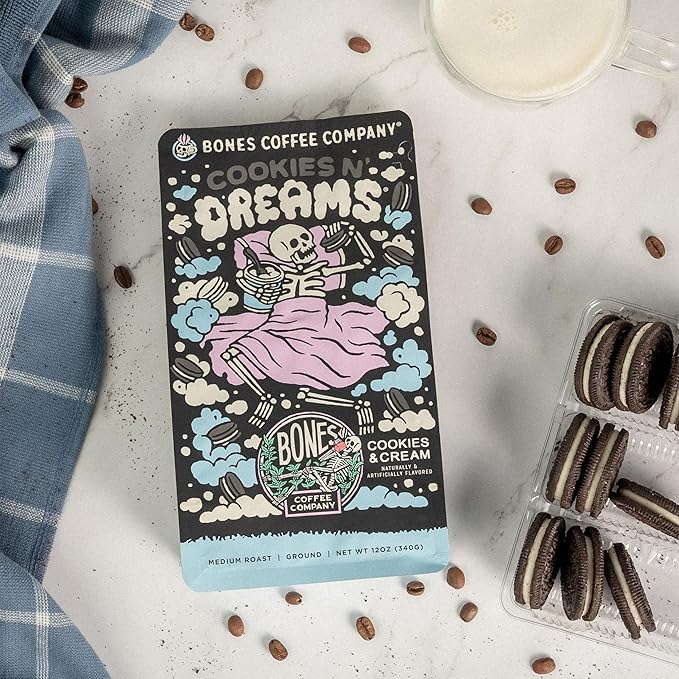 Bones Coffee Company Cookies 'N Dreams Cookies and Cream Flavored Coffee, Medium Roast Low Acid Arabica Beans Compatible with Auto drip and French Press Coffee Maker, 12 Oz Ground