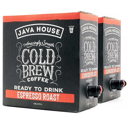 Java House Cold Brew Coffee on Tap (Pack of 2) – Premium 100% Arabica Dark Roast – Smooth Espresso Flavor with Dark Chocolate Notes – 1 Gallon Box (16 Servings) – Ready to Drink, No Brewing Required, Fridge-Friendly