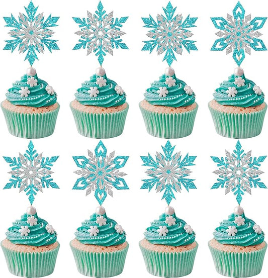 Rsstarxi 24 Pack Blue Snowflake Cupcake Toppers Double Layered Silver Snowflake Cupcake Picks Decoration for Winter Frozen Theme Baby Shower Wedding Birthday Christmas Party Cake Decorations
