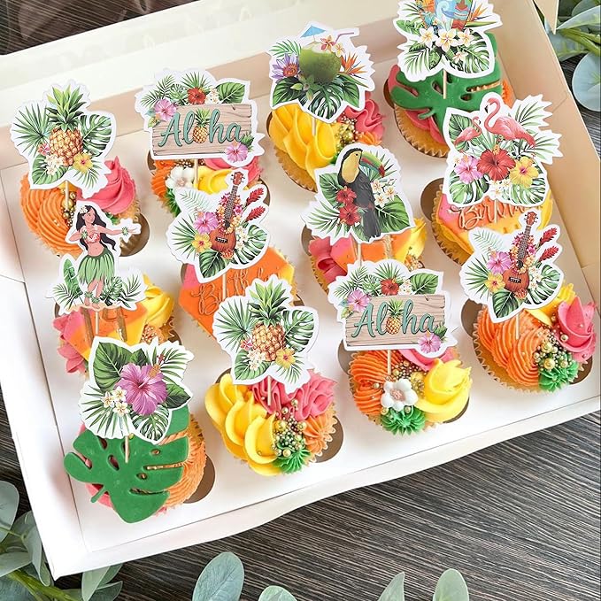 Rsstarxi 36 Pack Tropical Hawaii Cupcake Toppers Tropical Flamingo Guitar Hula Aloha Cupcake Picks for Summer Hawaii Luau Beach Theme Baby Shower Wedding Birthday Party Cake Decorations