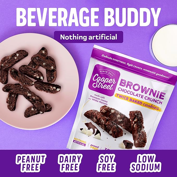 Cooper Street Italian Biscotti Cookies - Twice Baked Biscotti Style Cookie Biscuits in Delicious Brownie Chocolate Crunch | Crispy, Light and Healthy Cookies | Peanut & Dairy Free | 1.25oz - 24 Pack