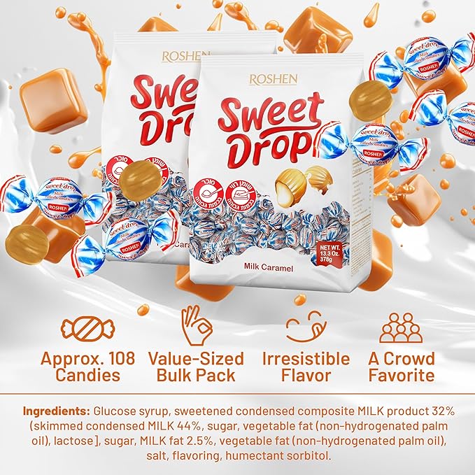 Roshen Caramel Candy Sweet Drop with Milky Filling, Delicious, Flavorful Sweets 378gr/13.33oz Pack of 2